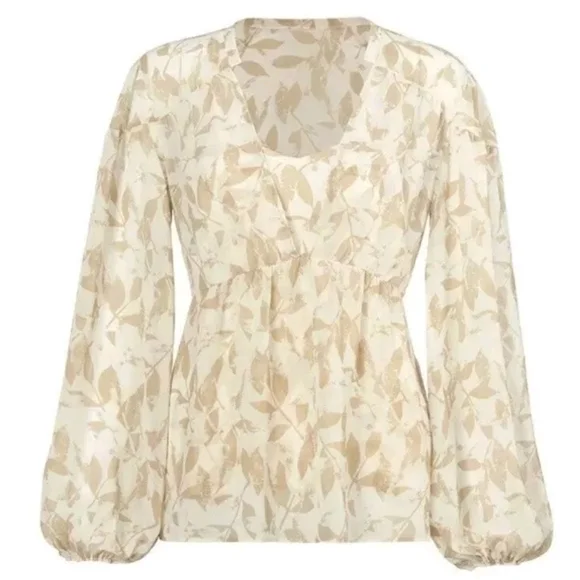 Cabi Couplet Beige & White Floral Puff Sleeve Blouse Top Size XS Small - Picture 2 of 8